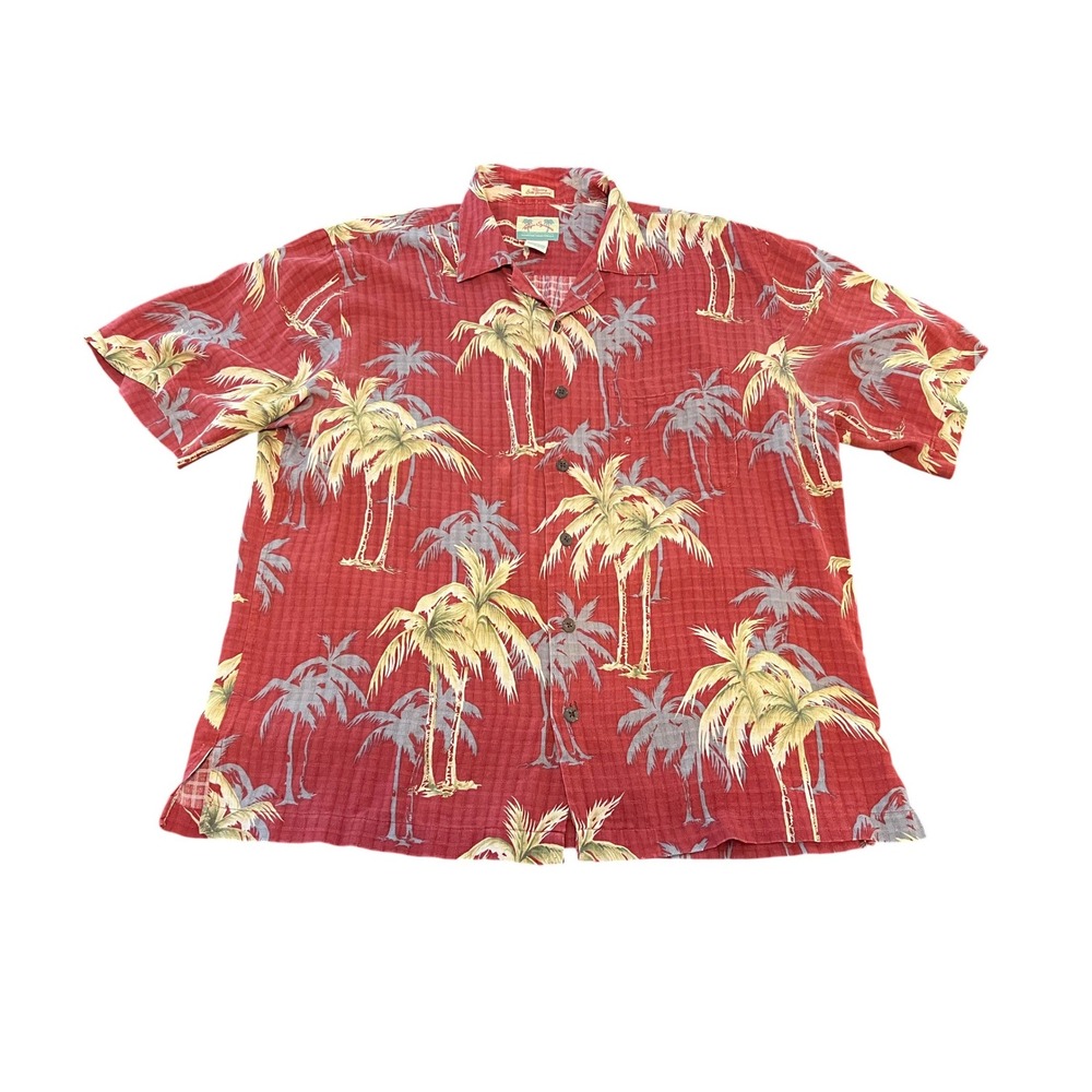 Reyn Spooner Mens Red Silk Jacquard Palm Tree Hawaiian Shirt Medium 100% Silk